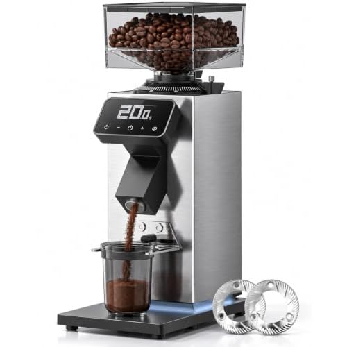 AMZCHEF FC6202 grinder with square hopper, timer panel and flat burr illustration