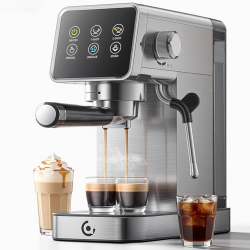 Platinum AMZCHEF espresso machine with six-button panel, portafilter and steam wand; drinks shown for demonstration