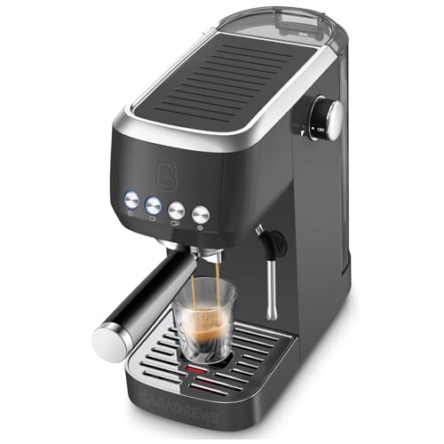 Black CASABREWS 3700 Essential espresso machine with portafilter and steam wand; glasses shown for demonstration
