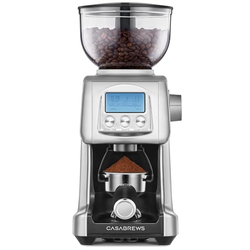 CASABREWS Tornado Silver grinder with LCD; retailer image shows a portafilter for demonstration